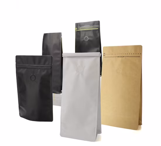 La aduana plástica de los bolsos de café del escudete lateral del fondo plano del papel de aluminio imprimió con el lazo y la válvula de la lata