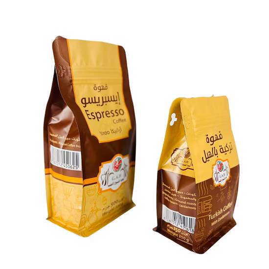 Bolsa de café personalizada, venta al por mayor, sello de ocho lados, válvula de embalaje de pie, bolsa de café con cremallera de fondo plano, bolsa de café para polvo de grano de café