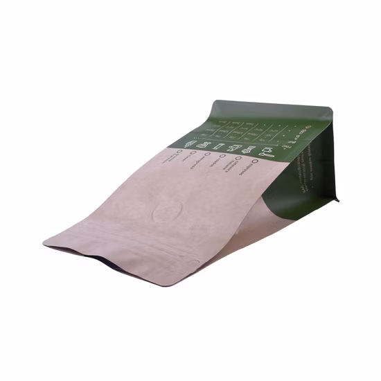 Bolsa de plástico de fondo plano cuádruple con impresión personalizada, bolsillo con cremallera, escudete lateral, válvula Ziplock, bolsas con cierre con logotipo, café